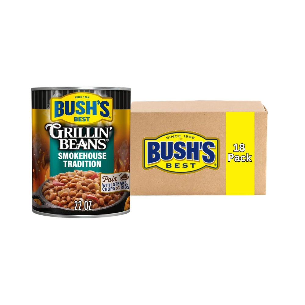 Bushs Best Grillin Beans, Smokehouse Tradition Seasoned BBQ Beans for Cookouts, Burgers, Hot Dogs and Easy Side Dishes, 22 Ounce (Pack of 18)