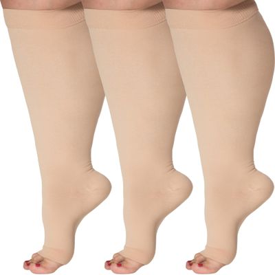 (3 Pairs) Toeless Compression Socks for Women and Men 15-20mmHg - Support Stockings for Post Surgery Recovery, Varicose Veins Circulation, Swelling, Lymphedema, Diabetic, Pregnancy - Beige, Large