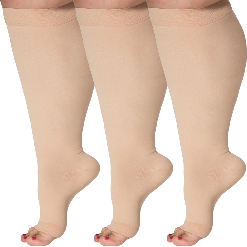(3 Pairs) Toeless Compression Socks for Women and Men 15-20mmHg - Support Stockings for Post Surgery Recovery, Varicose Veins Circulation, Swelling, Lymphedema, Diabetic, Pregnancy - Beige, Large