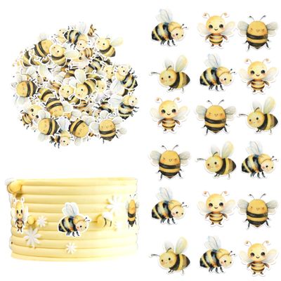 60 PCS Edible Bumble Bee Cupcake Toppers Edible Honey Bee Cupcake Picks Waper Paper Oh Babee Cupcake Decorations for Bee Theme Baby Shower Boys Girls Birthday Party Cake Food Decorations Supplies