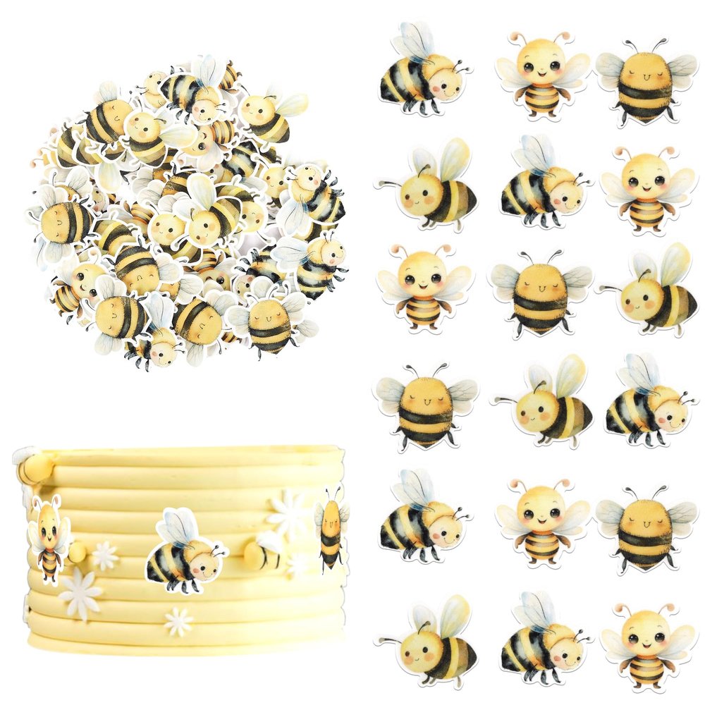 60 PCS Edible Bumble Bee Cupcake Toppers Edible Honey Bee Cupcake Picks Waper Paper Oh Babee Cupcake Decorations for Bee Theme Baby Shower Boys Girls Birthday Party Cake Food Decorations Supplies