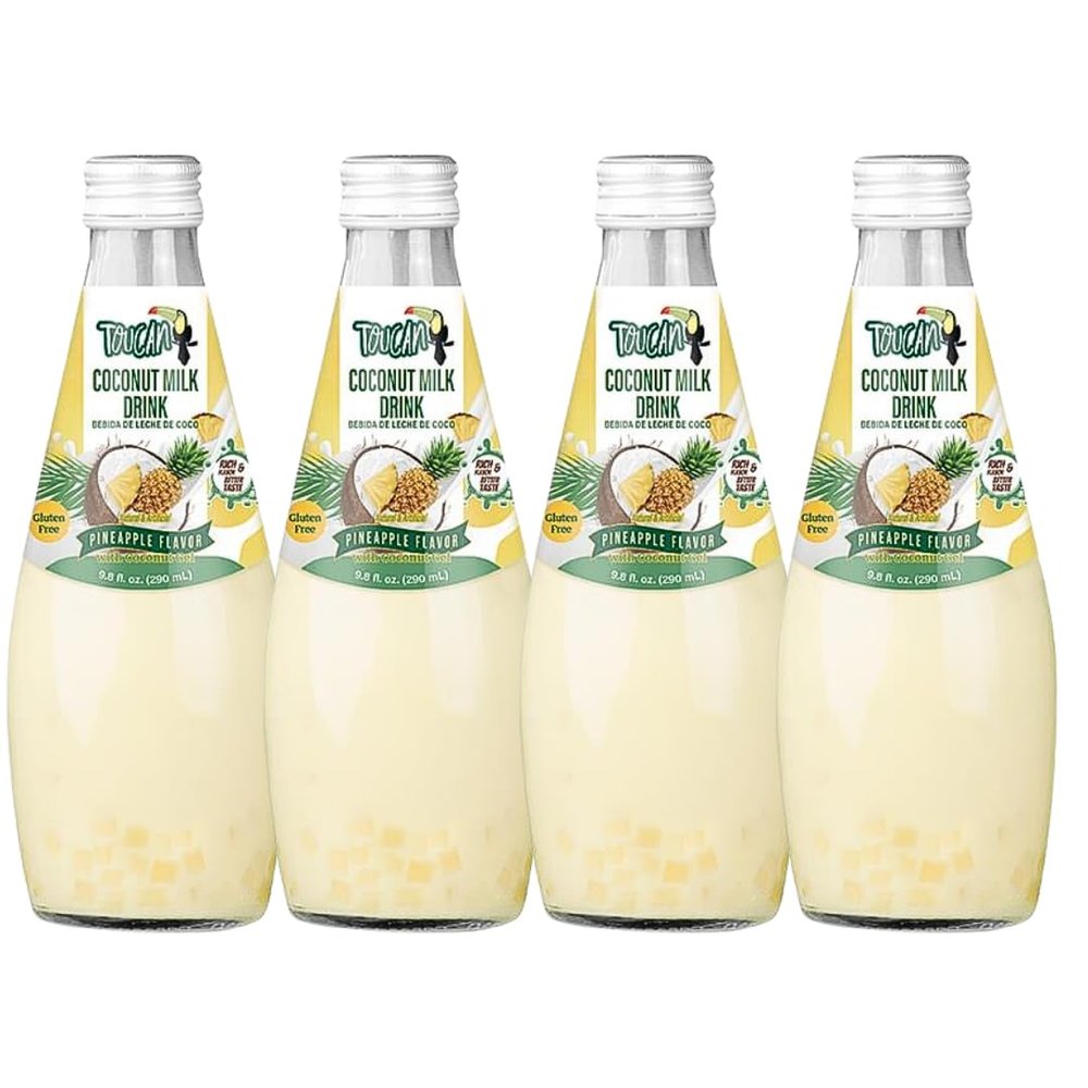 POCAS Toucan Coconut Milk Drink with Nata De Coco (9.8 oz 4 pack, Pineapple)