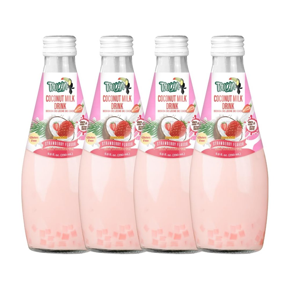 POCAS Toucan Coconut Milk Drink with Nata De Coco (9.8 oz 4 pack, Strawberry)