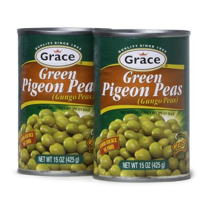 Grace Green Pigeon Peas Canned 15oz - 2 Pack - Jamaican Gungo Peas & Congo Peas - Caribbean Guandules Verdes - Peurto Rican Gandules Verdes - Indian Toor Dal Canned Peas