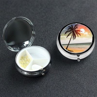 Palm Tree On Beach Round Pill Box Portable Metal Pill Case 3 Compartment Small Travel Pill Organizer Cute Vitamins Holder Organizer for Purse Pocket