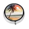 Palm Tree On Beach Round Pill Box Portable Metal Pill Case 3 Compartment Small Travel Pill Organizer Cute Vitamins Holder Organizer for Purse Pocket view 2