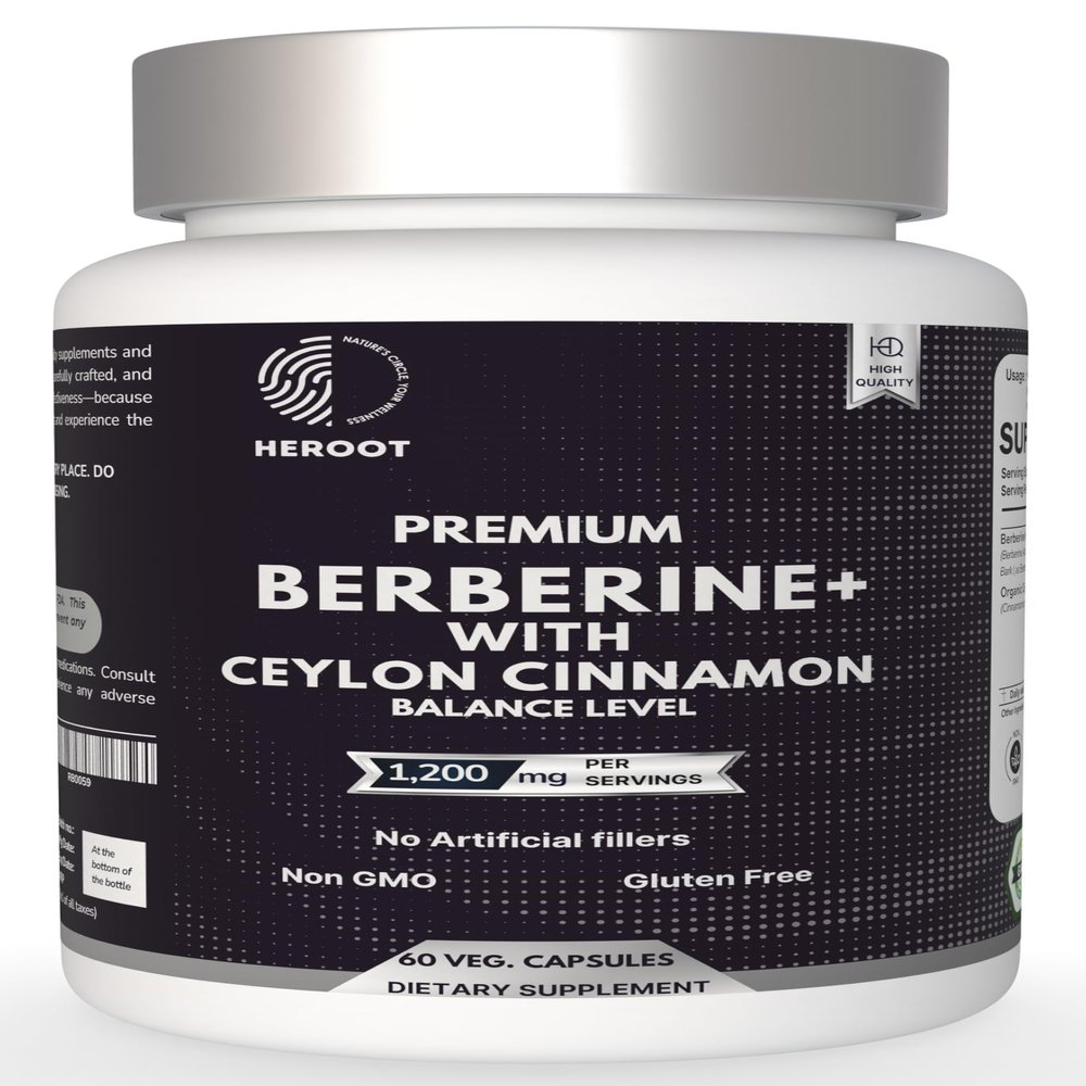 Heroot Premium Berberine with Ceylon Cinnamon Capsules, 60 Count, Vegetarian, Non-GMO, Gluten Free, Certified Organic