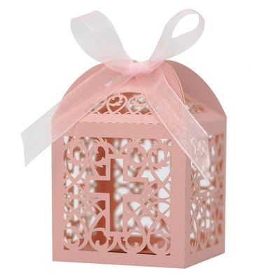 50PCS Cross Favor Boxes, Baptism Favor Boxes with 50 Ribbons, Hollow Cross Design Wedding Candy Boxes for Wedding Celebrations and Religious Events