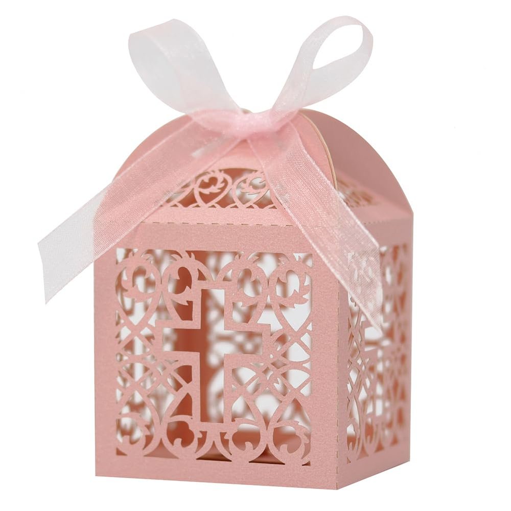 50PCS Cross Favor Boxes, Baptism Favor Boxes with 50 Ribbons, Hollow Cross Design Wedding Candy Boxes for Wedding Celebrations and Religious Events