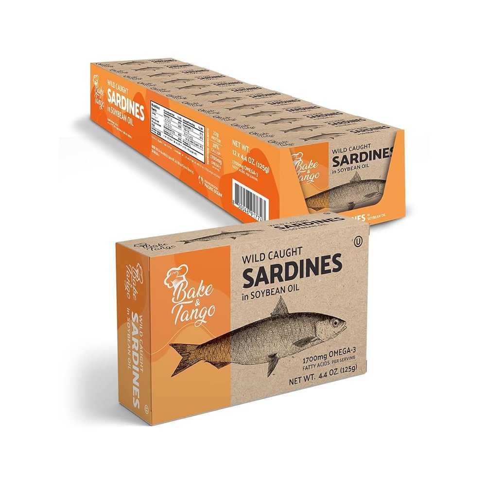 Bake and Tango - Sardines in Soybean Oil - 4.4oz (Pack of 12) | Rich in Omega-3, High-Protein, Wild-Caught, Non-GMO, Gluten-Free, Perfect for Snacks, Salads, and Recipes (4.4oz, Soybean Oil)