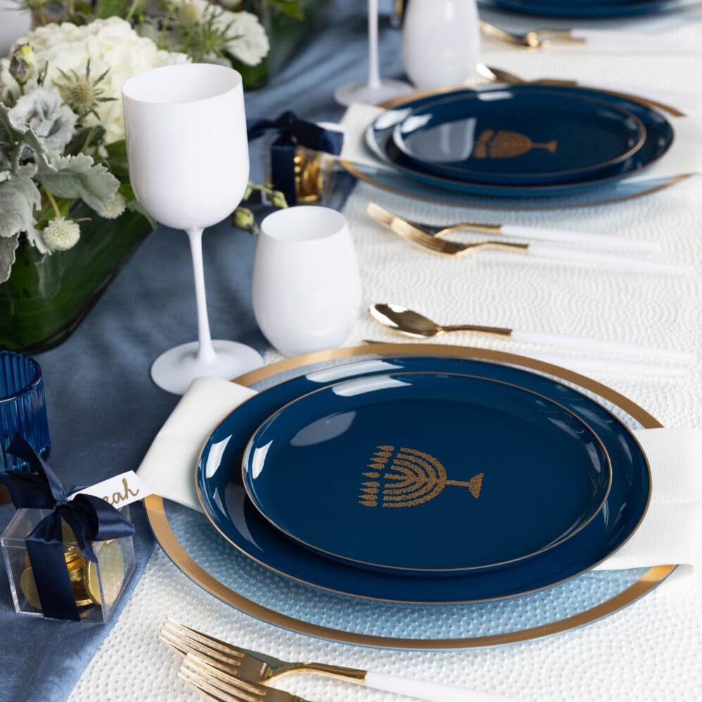 6.3" Disposable Chanukah Hanukkah Blue Plastic Plates with Gold Glitter (50, 10.6)