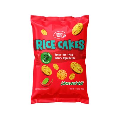 Nutriwell Air-Puffed Rice Cakes with Lime & Chili, Family Size Crispy Popped Rice Snack, Gluten Free, Avocado Oil, Light & Crunchy, 140 Cal (14 Servings)