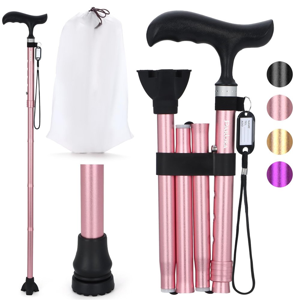 Parlora Folding Walking Cane for Women/Men-Lightweight,Adjustable,Collapsible Walking Stick for Seniors & Adults,Balancing Mobility Aid with Anti-Slip Tip,Compact for Travel and Daily Use (Pink)