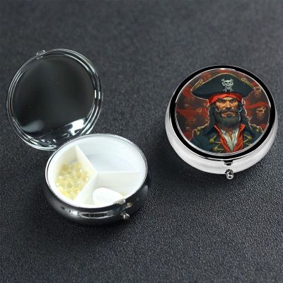 Pirate Captain Round Pill Box Portable Metal Pill Case 3 Compartment Small Travel Pill Organizer Cute Vitamins Holder Organizer for Purse Pocket
