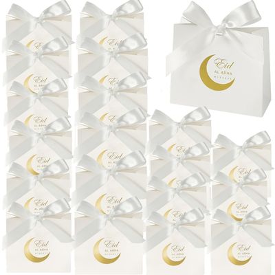 20 Pack Eid Party Favor Box, Eid Moon Candy Box, Ramadan Mubarak Party Goodie Box, DIY Eid Treat Paper Box with Ribbon Bow, Islam Muslim Wedding Festival Candy Box, Chocolate Cookie Souvenir Boxes for Eid Party Supplies Gold Castle Goodie Present Bag