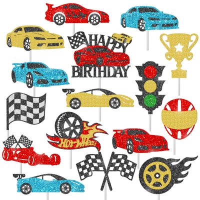 30Pcs Race Car Cupcake Toppers Glitter Racing Car Cupcake Toppers Sticks Checkered Racing Birthday Party Decorations for Race Car Theme Birthday Party Baby Shower Supplies