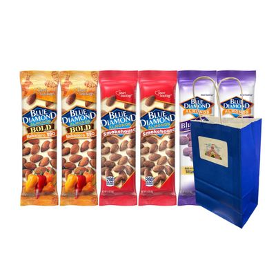 Variety Pack Diamond Almonds 6 Count with 2 Each of Habanero BBQ, Smokehouse & Blueberry Flavors 1.5 oz Protein Snack Packs with Blue Gift Bag Gluten-Free Healthy Almond Snacks