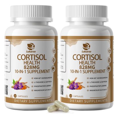 10-IN-1 Cortisol Supplements w/ KSM-66 Ashwagandha 300mg + L-Theanine 250mg, Magnesium Glycinate, Saffron, Phosphatidylserine, Turmeric & Vitamin C D3 B6 B5, For Women Men, 120 Capsules 2 Pack