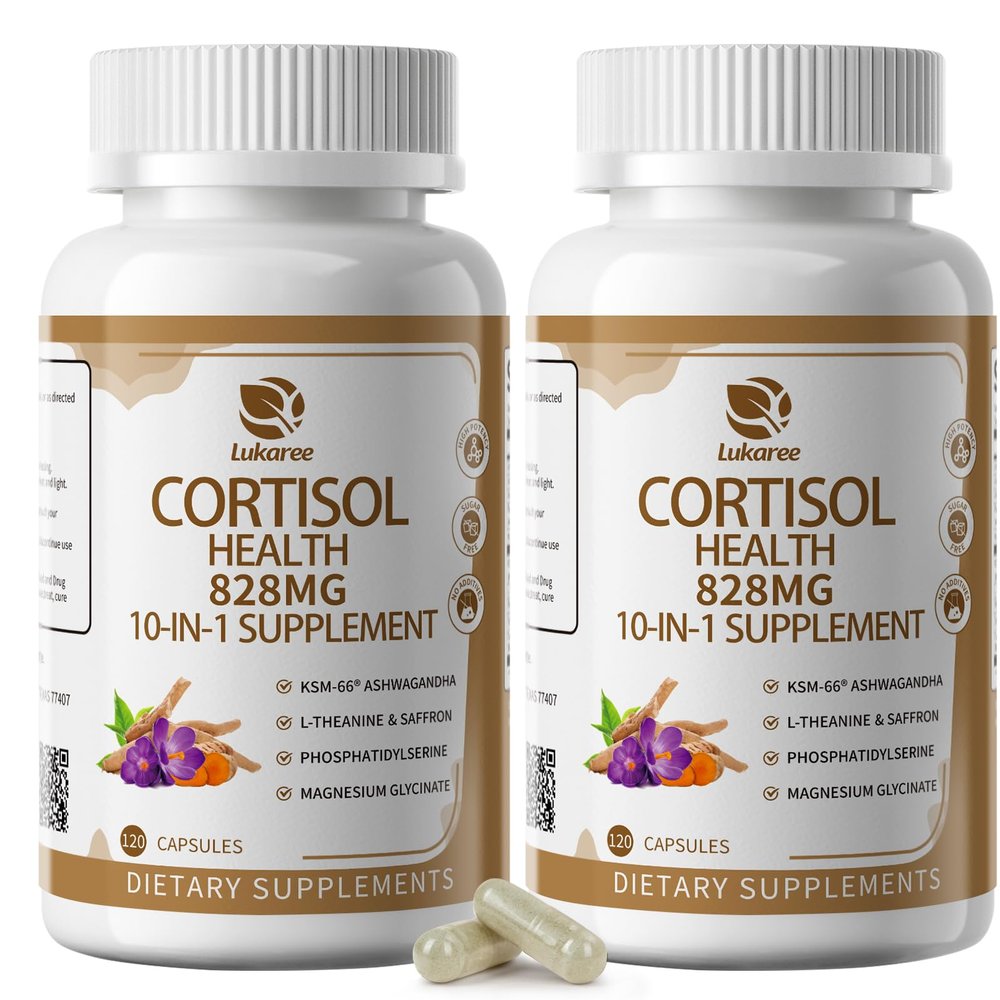 10-IN-1 Cortisol Supplements w/ KSM-66 Ashwagandha 300mg + L-Theanine 250mg, Magnesium Glycinate, Saffron, Phosphatidylserine, Turmeric & Vitamin C D3 B6 B5, For Women Men, 120 Capsules 2 Pack