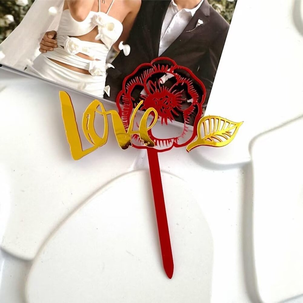 10 Pcs Love Rose Red Cake Toppers Acrylic Cake Topper Cupcake Toppers for Valentine's Day Cake Desserts Decorations