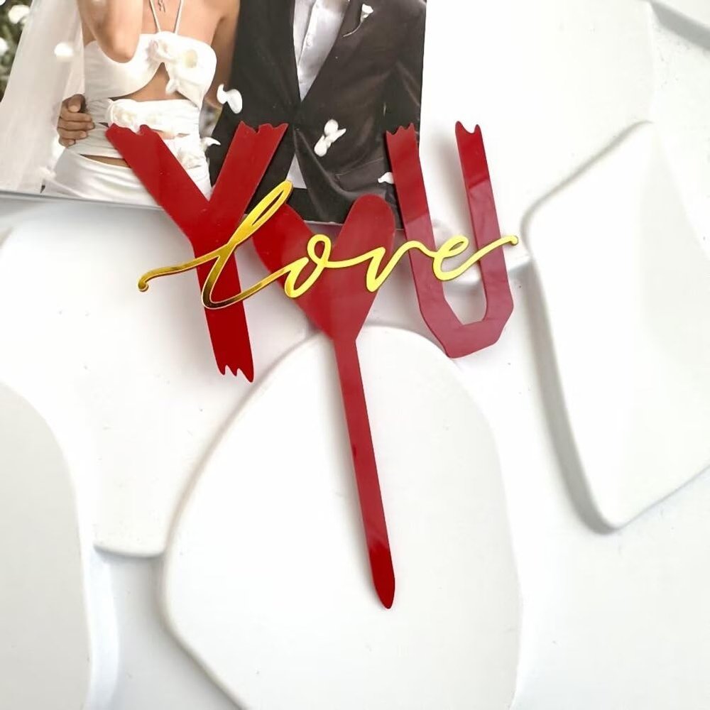 10 Pcs Love You Red Cake Toppers Acrylic Cake Topper Cupcake Toppers for Valentine's Day Cake Desserts Decorations