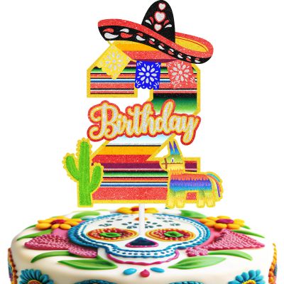 Mexican Cake Topper Kids 2nd Fiesta Themed Happy Birthday Sombrero, Picado, Paper, Cactus, Serape Decorations for Boys and Girls Birthday Party, Mexican Party Number Decorations