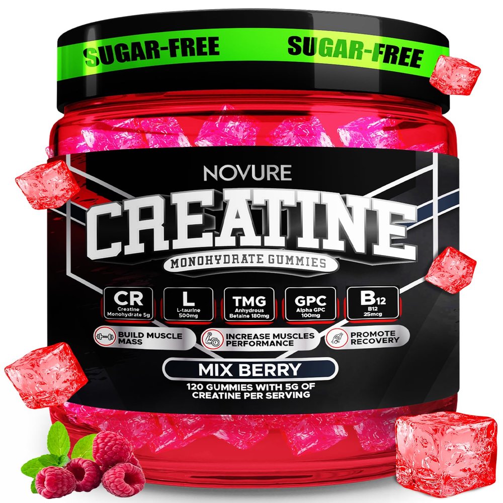 Creatine Monohydrate Gummies 5000mg Advanced Muscle & Focus Blend with Alpha GPC, B12 & Taurine Vegan, Sugar-Free, Blueberry & Raspberry Flavors Made in USA, 120 Gummies (30 Servings)
