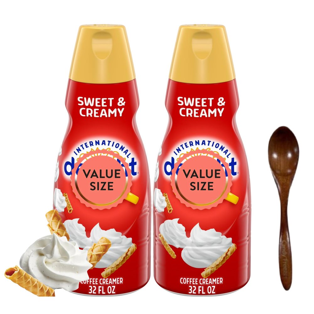 Sweet & Creamy Liquid Coffee Creamer.- Two (2) 32 fl oz Bottles of Creamy Smooth Delightful Coffee Creamer with Candy Freezer Wooden Spoon (Sweet & Creamy) Wooden Spoon
