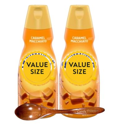 Caramel Macchiato Liquid Coffee Creamer, 32 fl oz Bottles Pack of 2, Sweet Creamy Flavored Creamer for Hot or Iced Coffee with Candy Freezer Wooden Spoon
