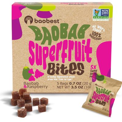 Baobest Superfruit Bites - Baobab Chews Raspberry Fruit Snack Pack - Vegan, Gluten Free, Preservative Free, Palm Oil Free, High Vitamin C Superfood Snack from The Tree of Life - 30 Servings
