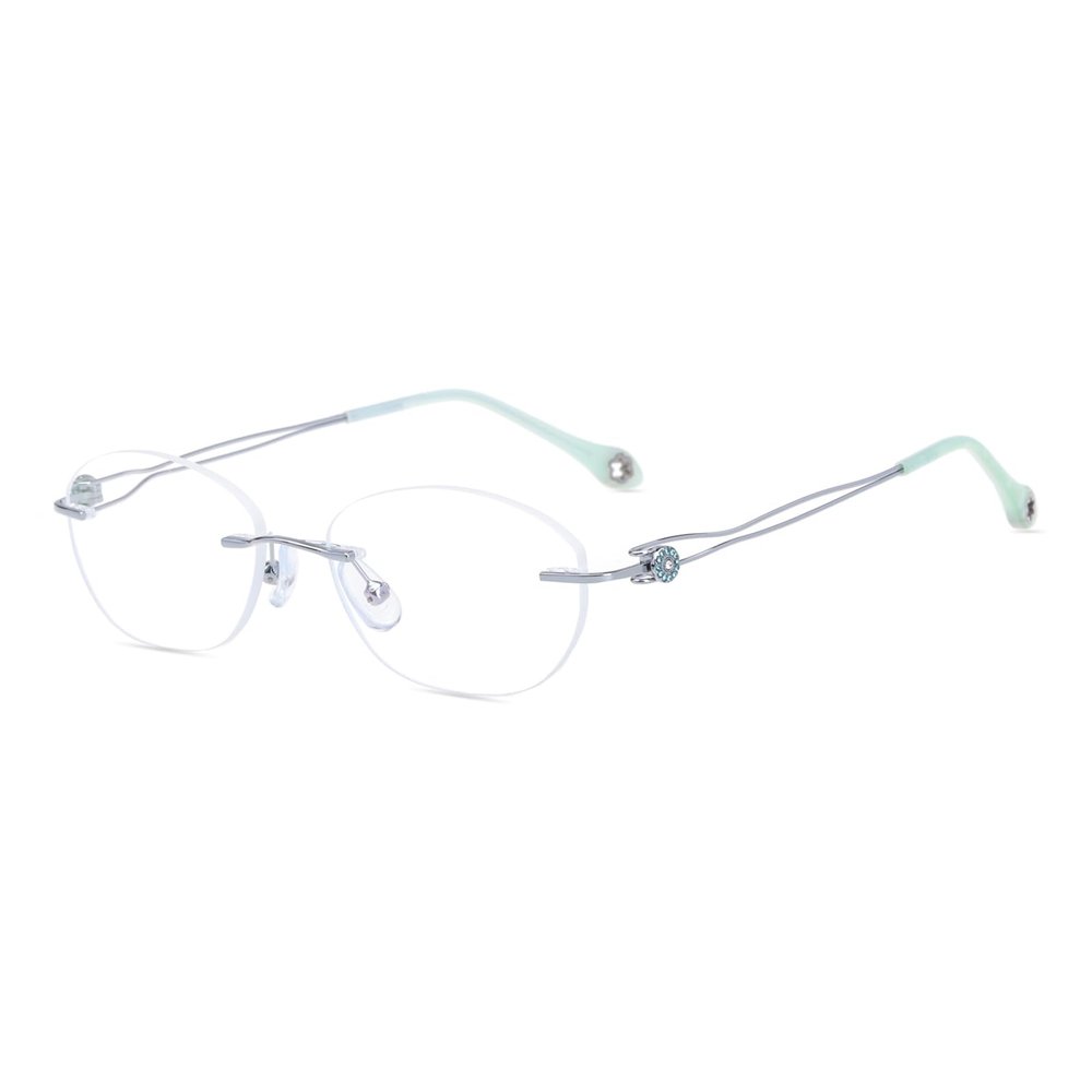 HELES Women Oval Rimless Reading Glasses Polycarbonate UV+420cut Blue Light Blocking Computer Reading Glasses, Anti-Glare-A2 Silver||+2.00 Strength