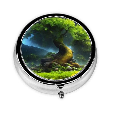 HMBGFW Mountain Forest in the Rain Pill Storage Box - Compact 3-space - portable circular metal pill box - perfect for travelwallet or pocket use