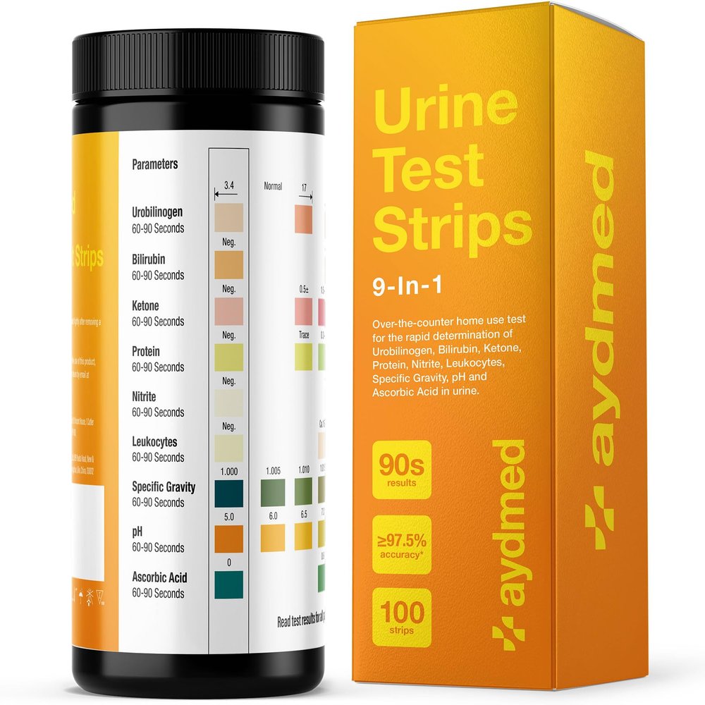 100 x AYDMED 9-in-1 UTI Test Strips | 9 Parameter Urine Test Strips for Leukocytes, Nitrite, Specific Gravity, pH, Protein, Urobilinogen, Bilirubin, Ketone & Ascorbic Acid | FSA & HSA Eligible