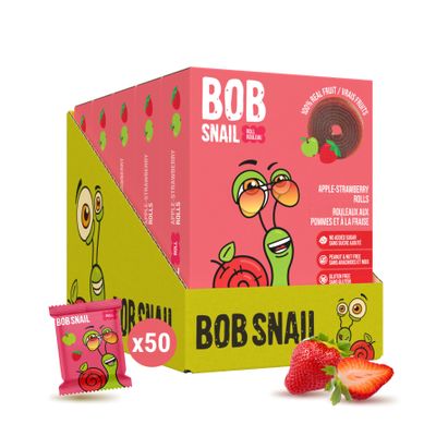 Bob Snail Fruit Roll Ups Healthy Sweets Snacks, Real Dried Fruits, No Added Sugar, Vegan, Nut Free, Candy for Adults, Kids, with Bulk 50 pcs Rolls, 500g (Apple Strawberry)