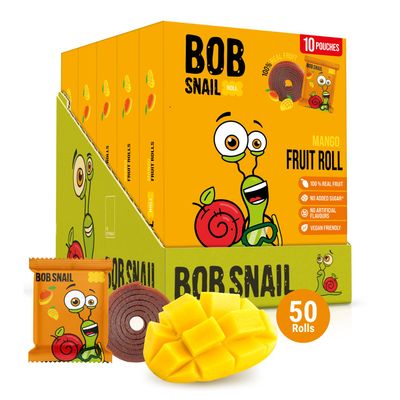 Bob Snail Fruit Roll Ups Healthy Sweets Snacks, Real Dried Fruits, No Added Sugar, Vegan, Nut Free, Candy for Adults, Kids, with Bulk 50 pcs Rolls, 500g (Mango)