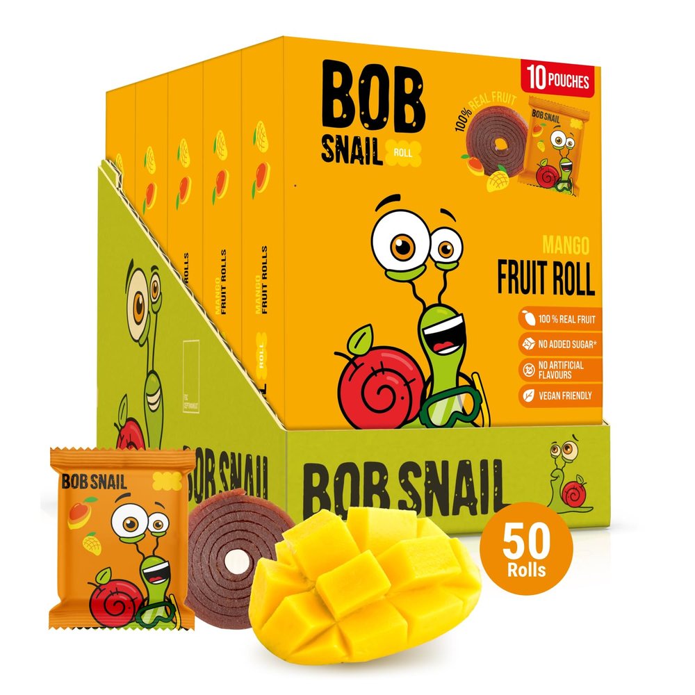 Bob Snail Fruit Roll Ups Healthy Sweets Snacks, Real Dried Fruits, No Added Sugar, Vegan, Nut Free, Candy for Adults, Kids, with Bulk 50 pcs Rolls, 500g (Mango)