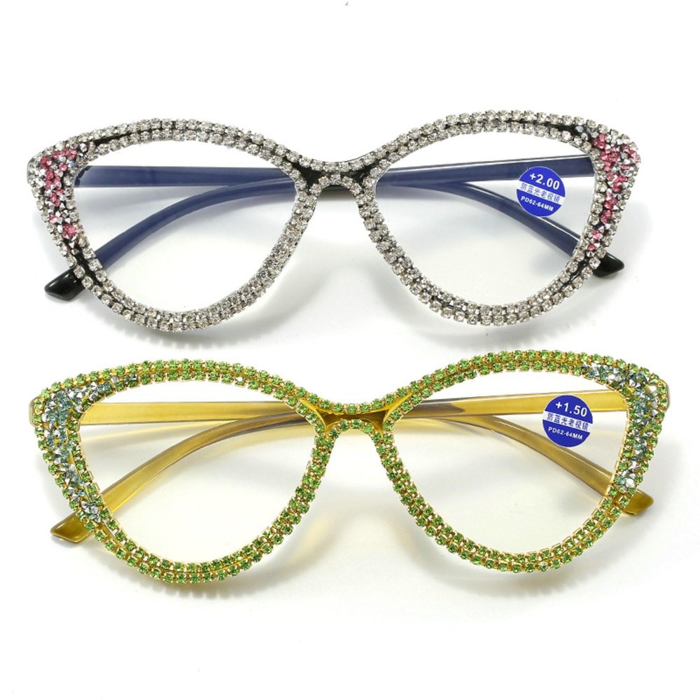 Melrose Rhinestone Cat Eye Reading Glasses For Women Diamond Reading Glasses Female Blue Light Blocking Reader 2212 (2pcs black&green, 0, x)