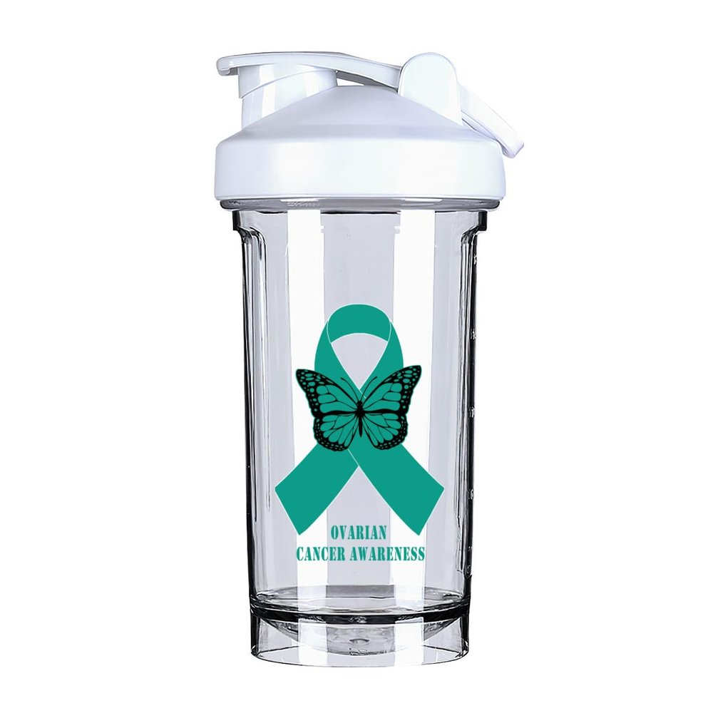 Ovarian Cancer Awareness 18 Ounce Shaker Bottle Drink Mixer Leak-proof Pre Workout Protein Shakes Meal Replacement Shakes Bottles 500ML/18 Oz White