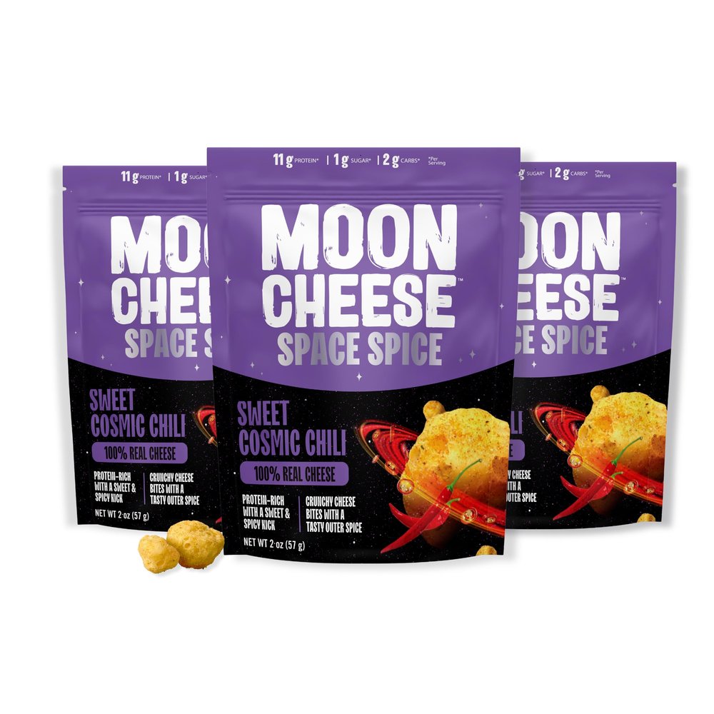 Moon Cheese Space Spice, Sweet Cosmic Chili, Crunchy, Protein-Rich Cheese Snack, Keto Friendly, 100% Real Cheese, Low Carb, Gluten-Free, Low Sugar, 2 Oz bags (Pack of 3)