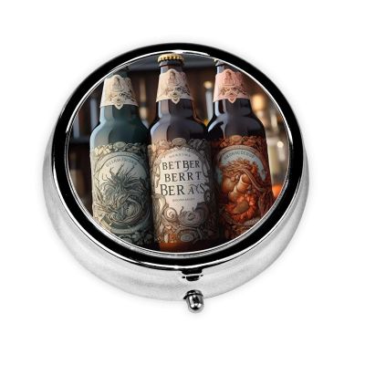 3 Beer Bottles Take-Along Pill Box, Portable Round Pill Box, fits in Your Purse Pocket Lightweight 3 Compartment Pill Box,