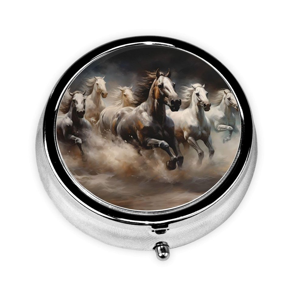 Running of The Horses Take-Along Pill Box, Portable Round Pill Box, fits in Your Purse Pocket Lightweight 3 Compartment Pill Box,