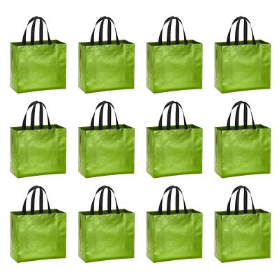 PATIKIL Light Green Gift Bags with Laser Coating, 12pcs Reusable Goodie Bags with Handle for Wedding Birthday Party Shopping Cosmetic, 12.6" x 4.7" x 11"