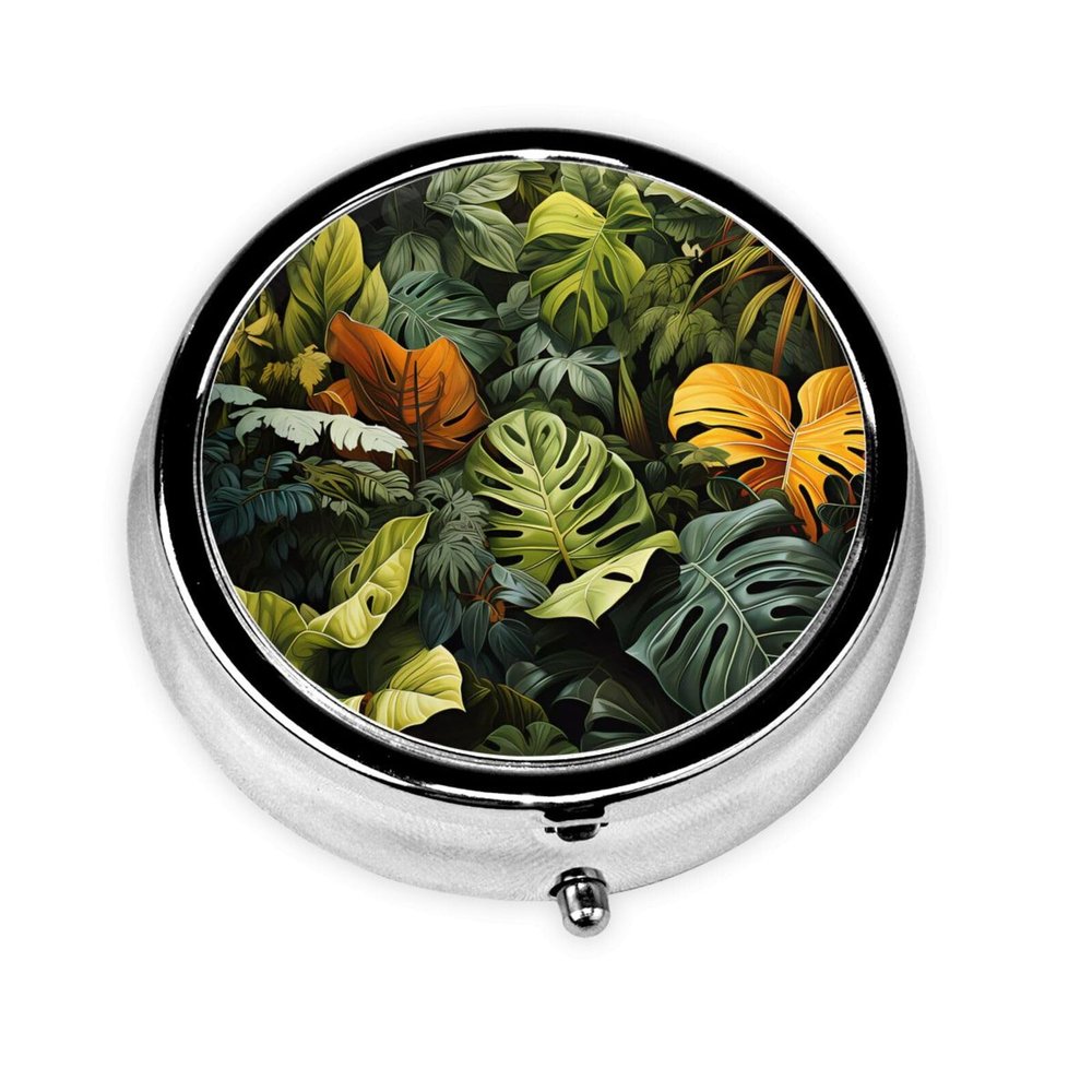 Tropical Rainforest Palm Leaves Take-Along Pill Box, Portable Round Pill Box, fits in Your Purse Pocket Lightweight 3 Compartment Pill Box,