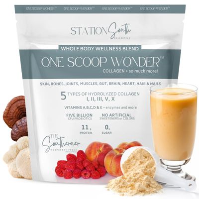 ONE SCOOP WONDER Whole Body Wellness Blend 5 Collagens, 6 Organic Mushrooms, Probiotics, Enzymes, Vitamins & Protein Replace Multiple Supplements with 1 Daily Scoop Gut, Skin, Joints & Energy