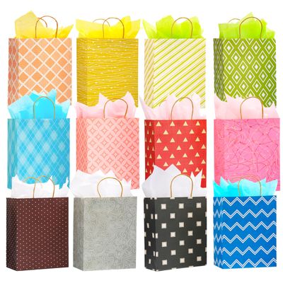 12 Pack 13" Large Kraft Paper Gift Bags Assortment with Tissue Paper & Handles, 12 Unique Solid & Geometric Pattern Designs for Birthdays, Anniversary, Father's Day, Holidays and Other Occasions