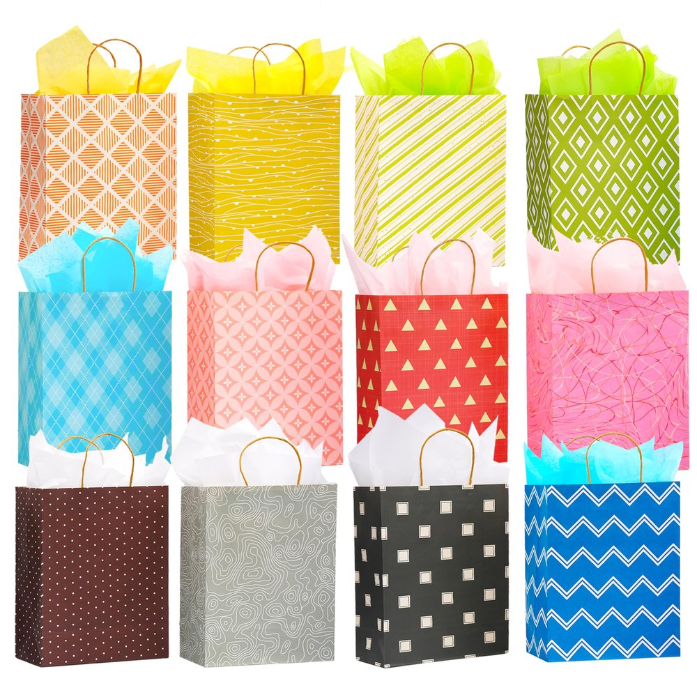 12 Pack 13" Large Kraft Paper Gift Bags Assortment with Tissue Paper & Handles, 12 Unique Solid & Geometric Pattern Designs for Birthdays, Anniversary, Father's Day, Holidays and Other Occasions