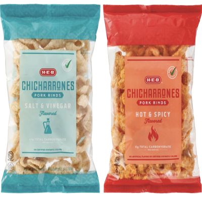 heb chicharrones pork rinds salt & vinegar | hot & spicy 5oz. pack of 2