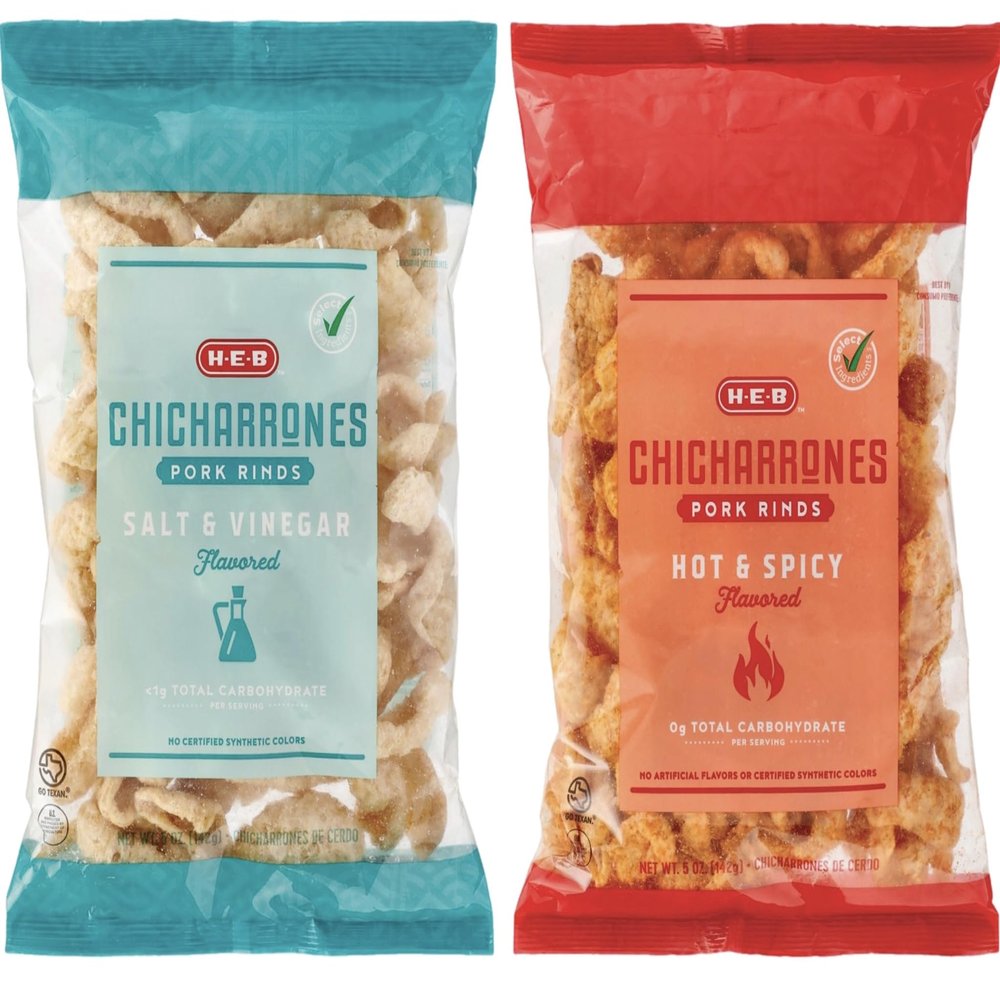 heb chicharrones pork rinds salt & vinegar | hot & spicy 5oz. pack of 2