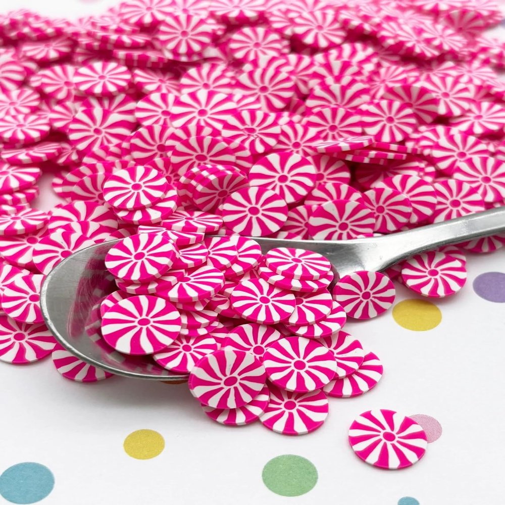 10mm Hot Pink Peppermint Polymer Clay Candy Slices, Faux Dessert Sprinkles, Nail Art Miniature Slices - Non Edible (30 gram bag)