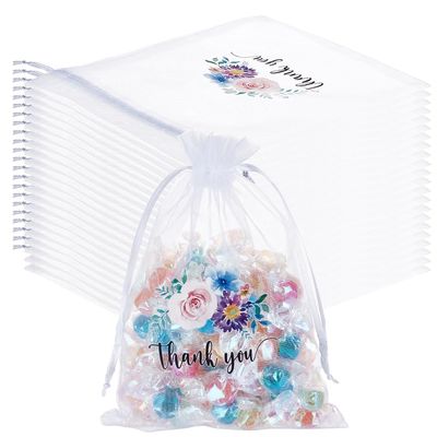 Beebeecraft 30Pcs Thank You Organza Bag 5x7 Inch Small Mesh Bags with Drawstring White Sheer Wedding Party Favor Gift Bags Flower Jewelry Mesh Pouch for Candy Storage Christmas Birthday Gifts Wrapping